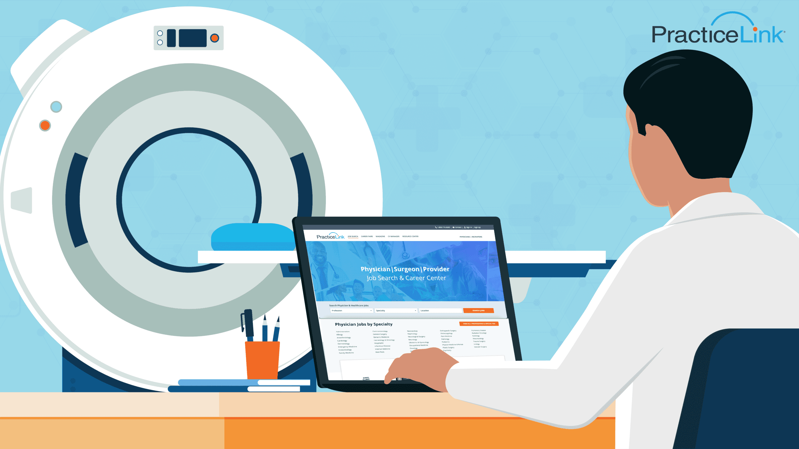 A radiologist showcasing job search tools and assets in a hospital.