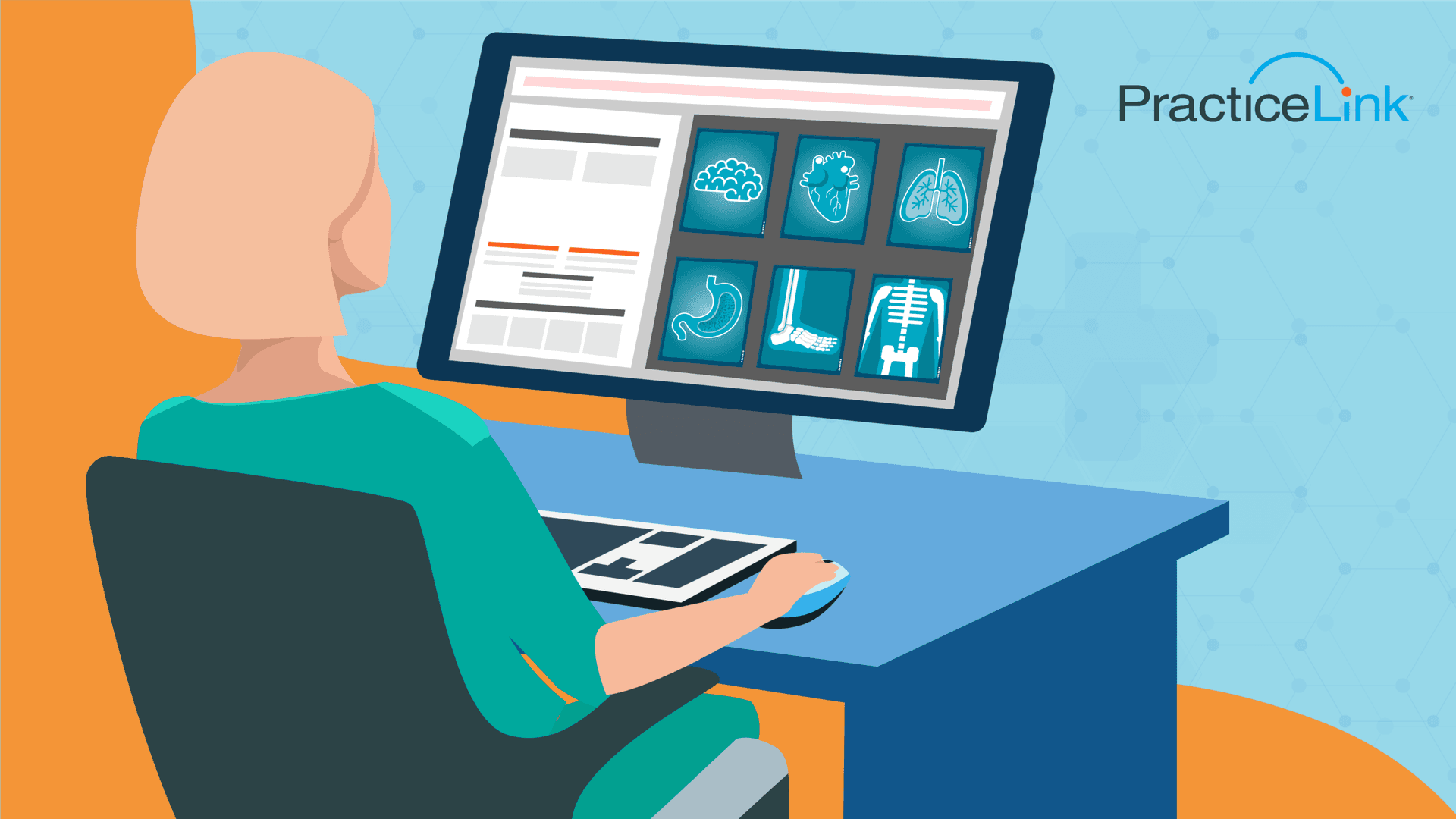 A physician at a laptop studying radiology jobs by subspecialty.