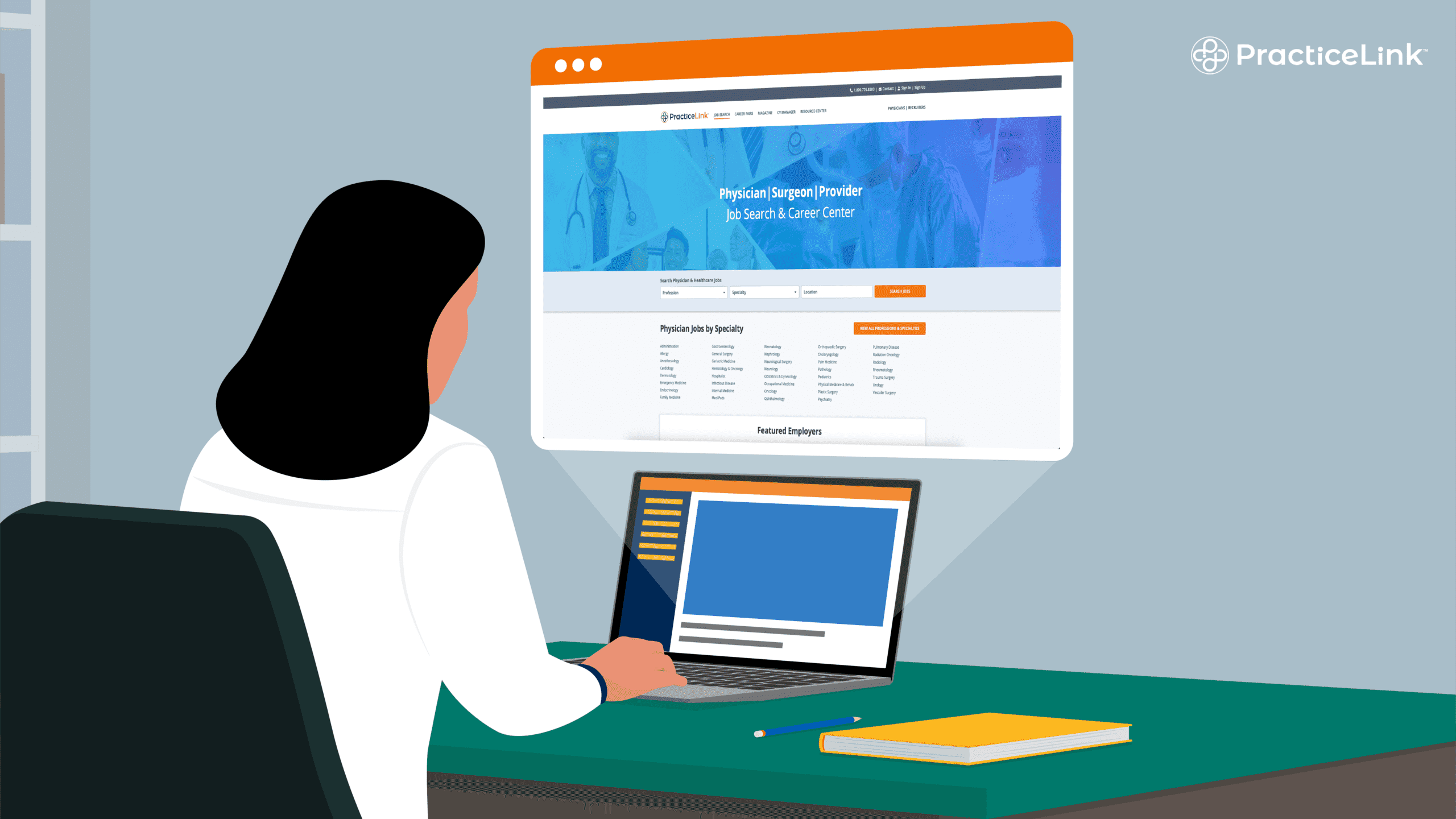 A physician at a laptop and work station researching the best physician job boards.