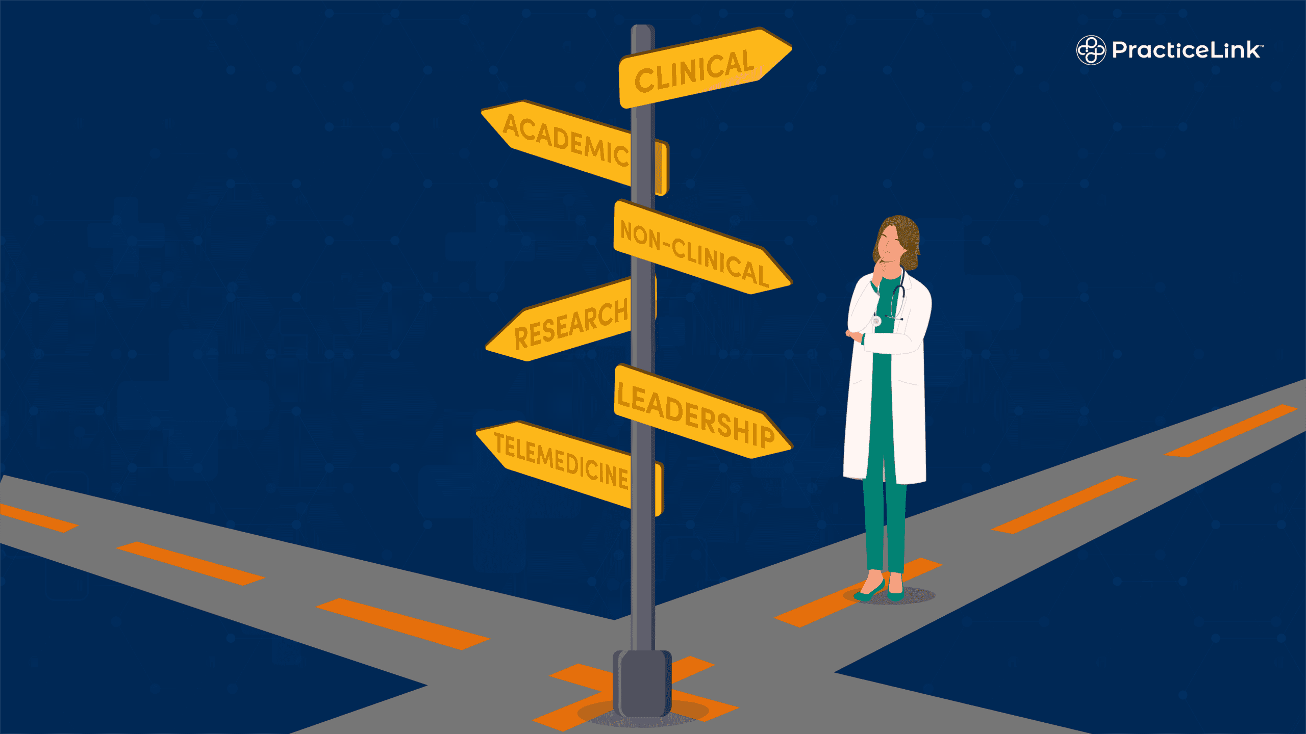 A physician at a crossroads exploring different possible career options.