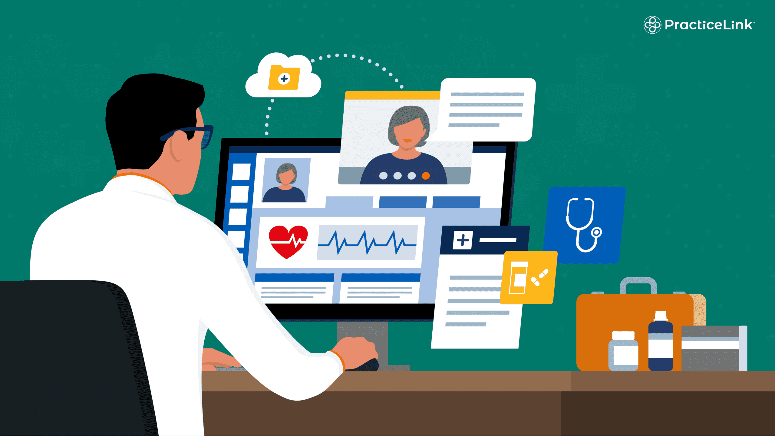 A doctor at a desktop computer researching physician workforce trends.