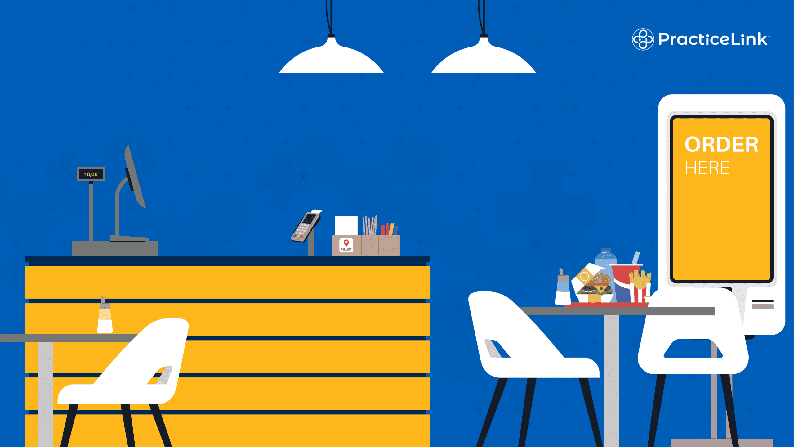 A desk in an office next to a fast food ordering station and table.