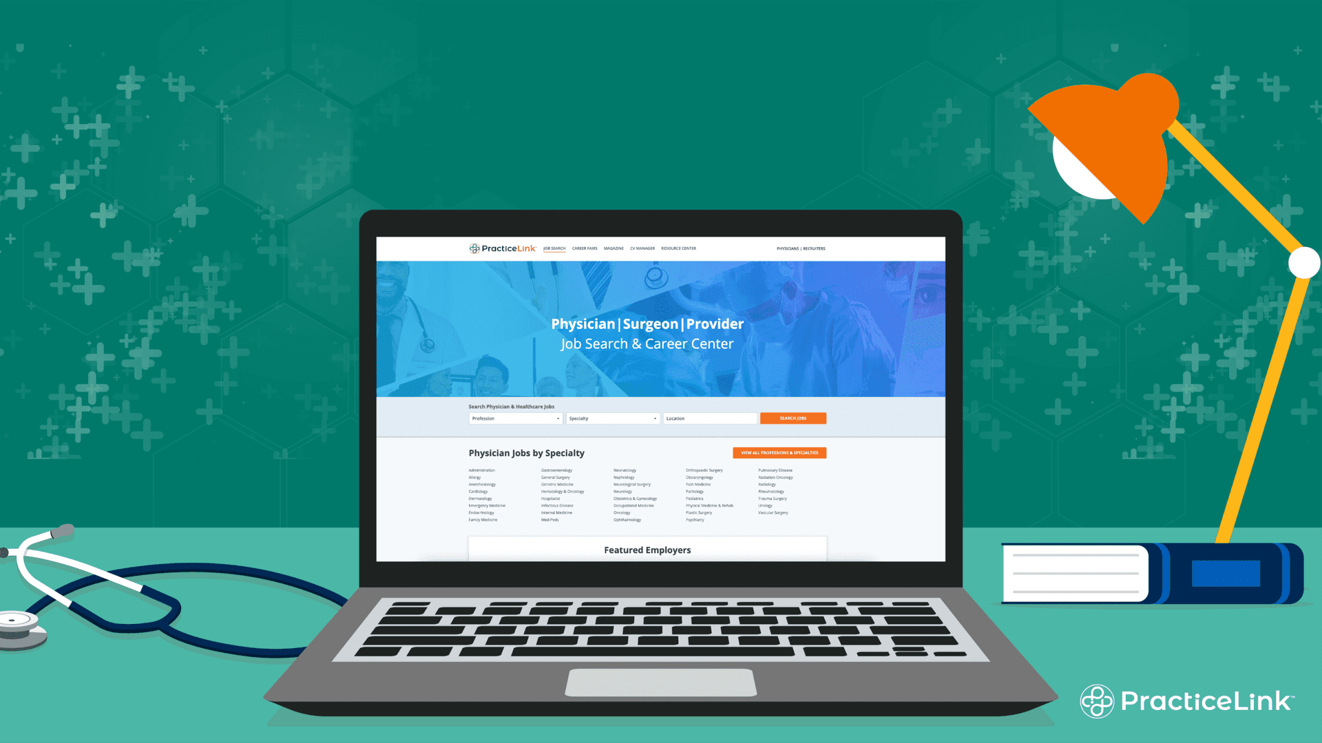 A laptop showing PracticeLink.com, the complete physician job search guide.