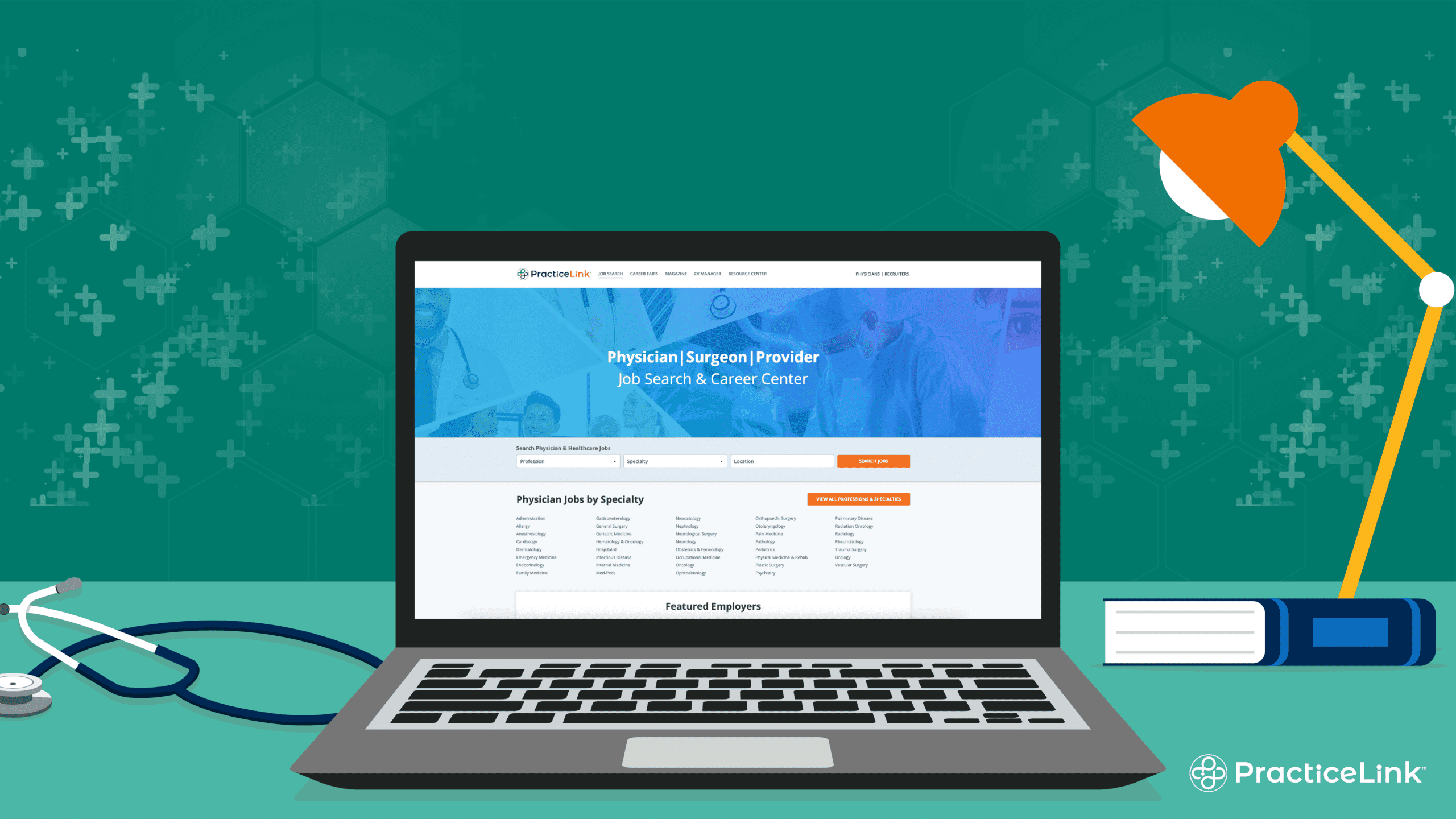 A laptop showing PracticeLink.com, the complete physician job search guide.