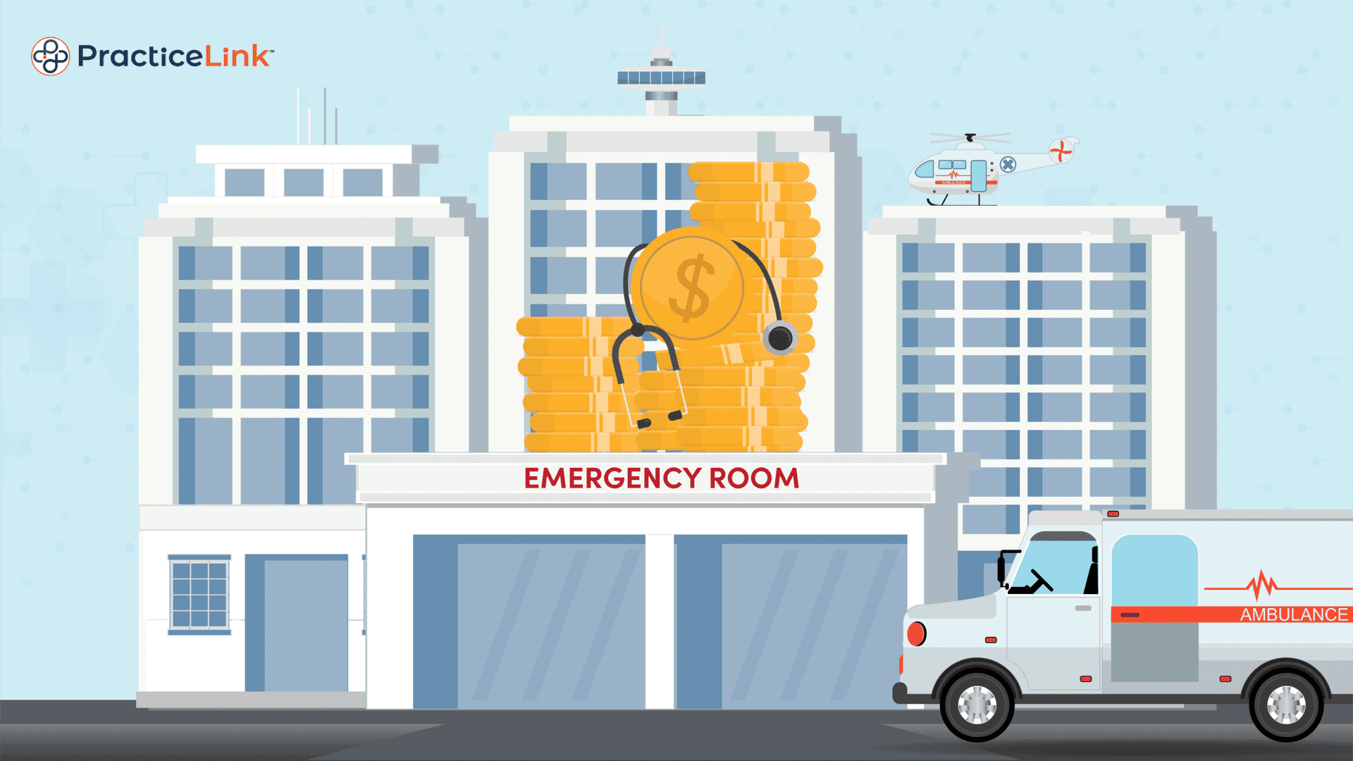 A hospital and money showcasing an emergency medicine physician's salary.