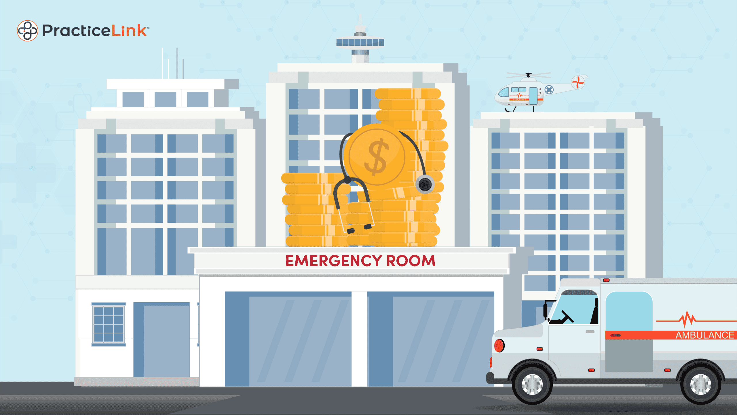 A hospital and money showcasing an emergency medicine physician's salary.
