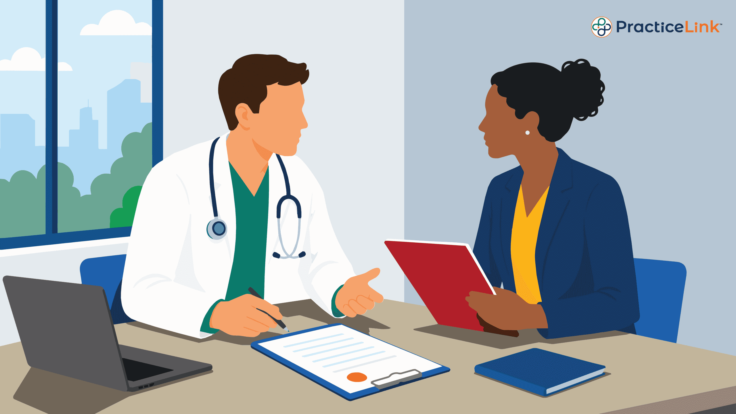 An animated image showing a physician discussing employment agrees with an attorney.