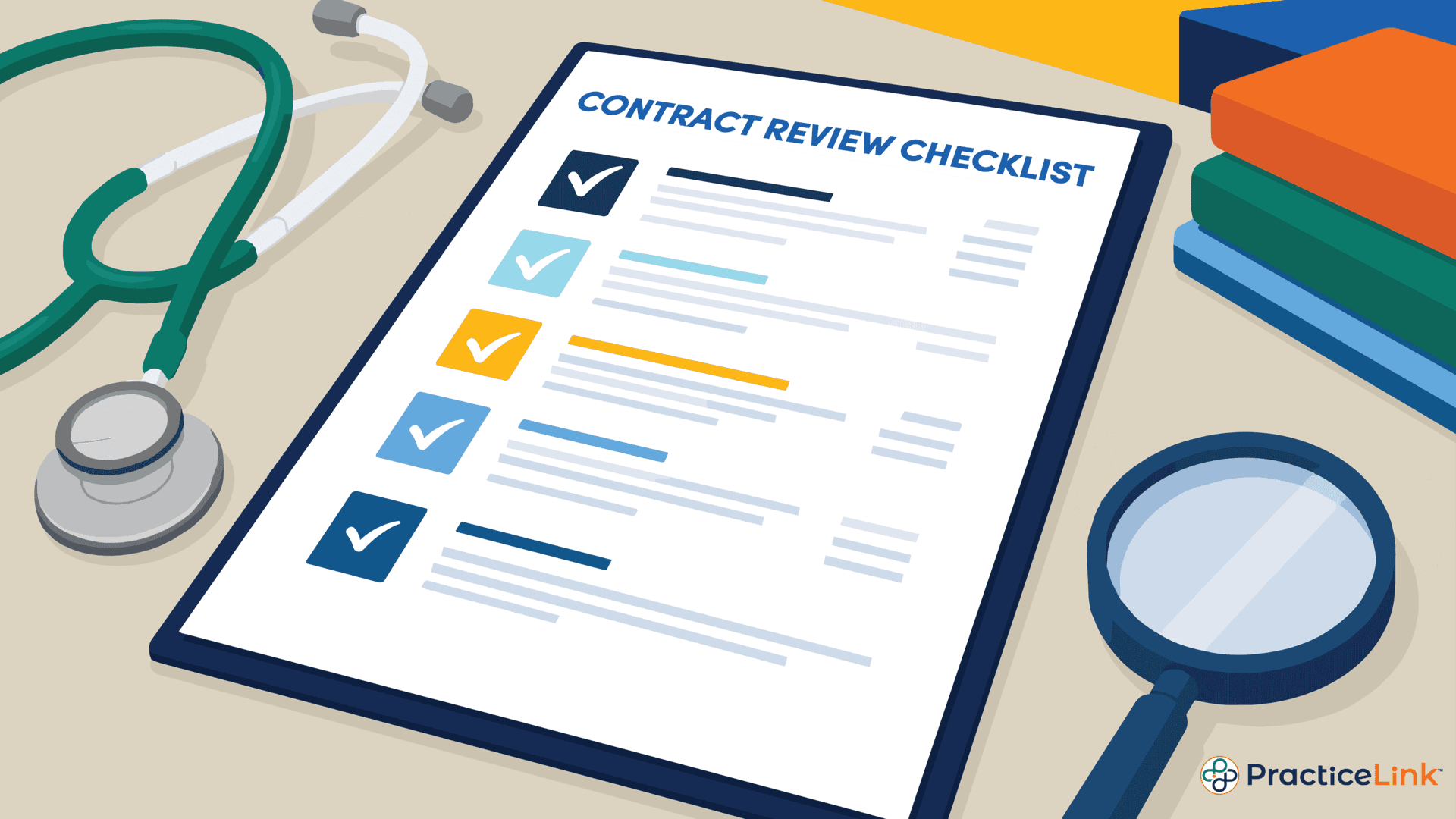 Animated image of a physician contract review checklist.