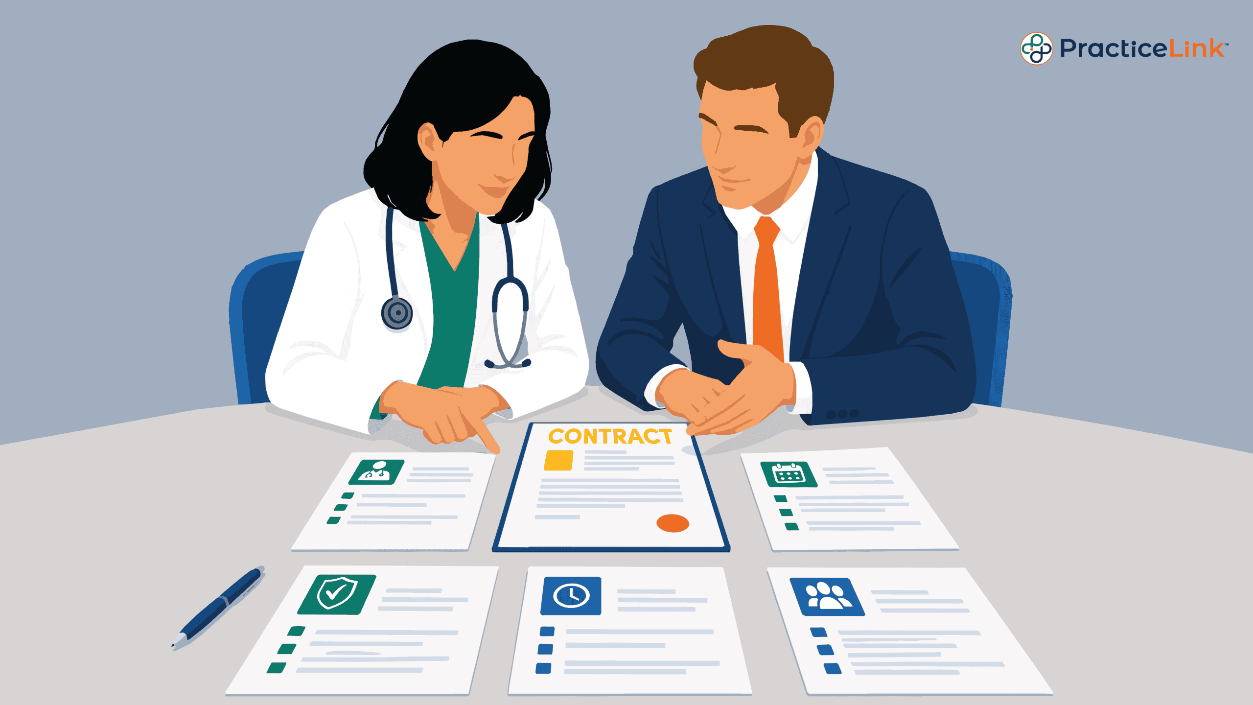 A healthcare lawyer and physician discussing what is negotiable in a physician contract.