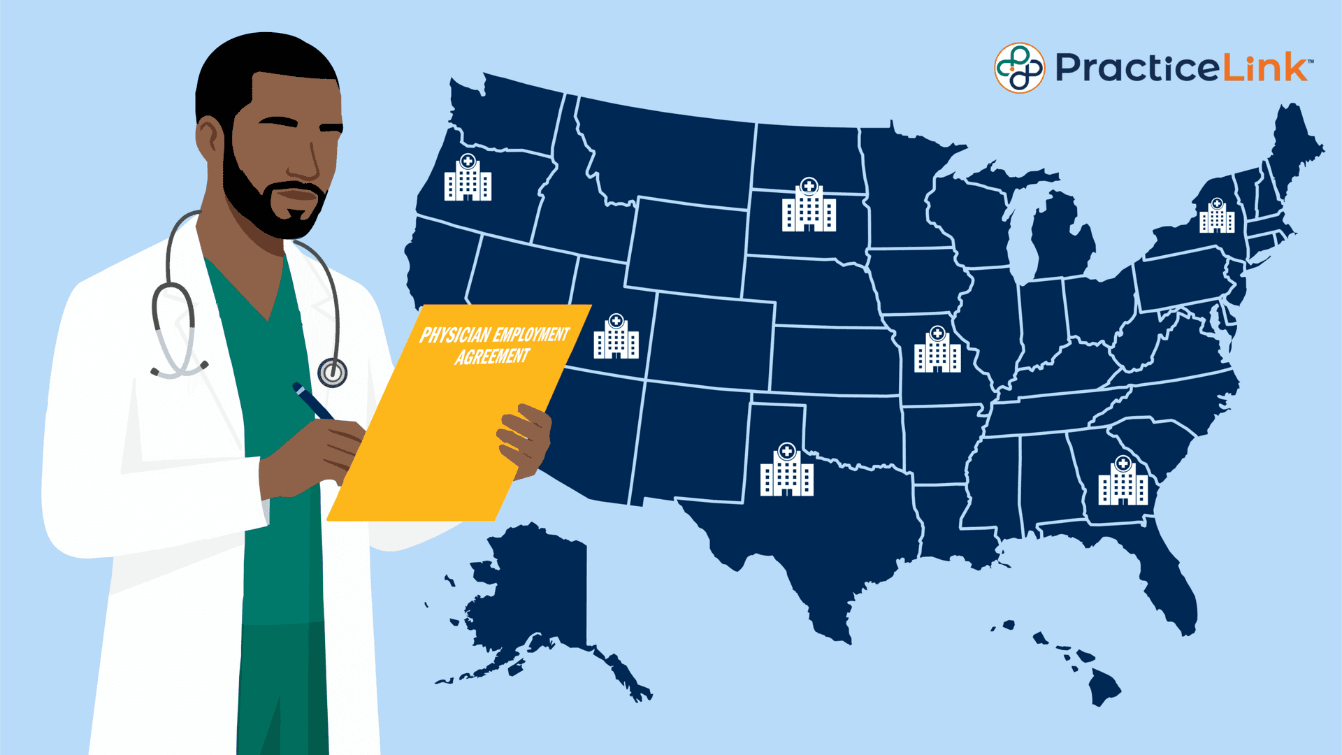 A physician standing next to a map of America showcasing FTC noncompete rule and physicians.