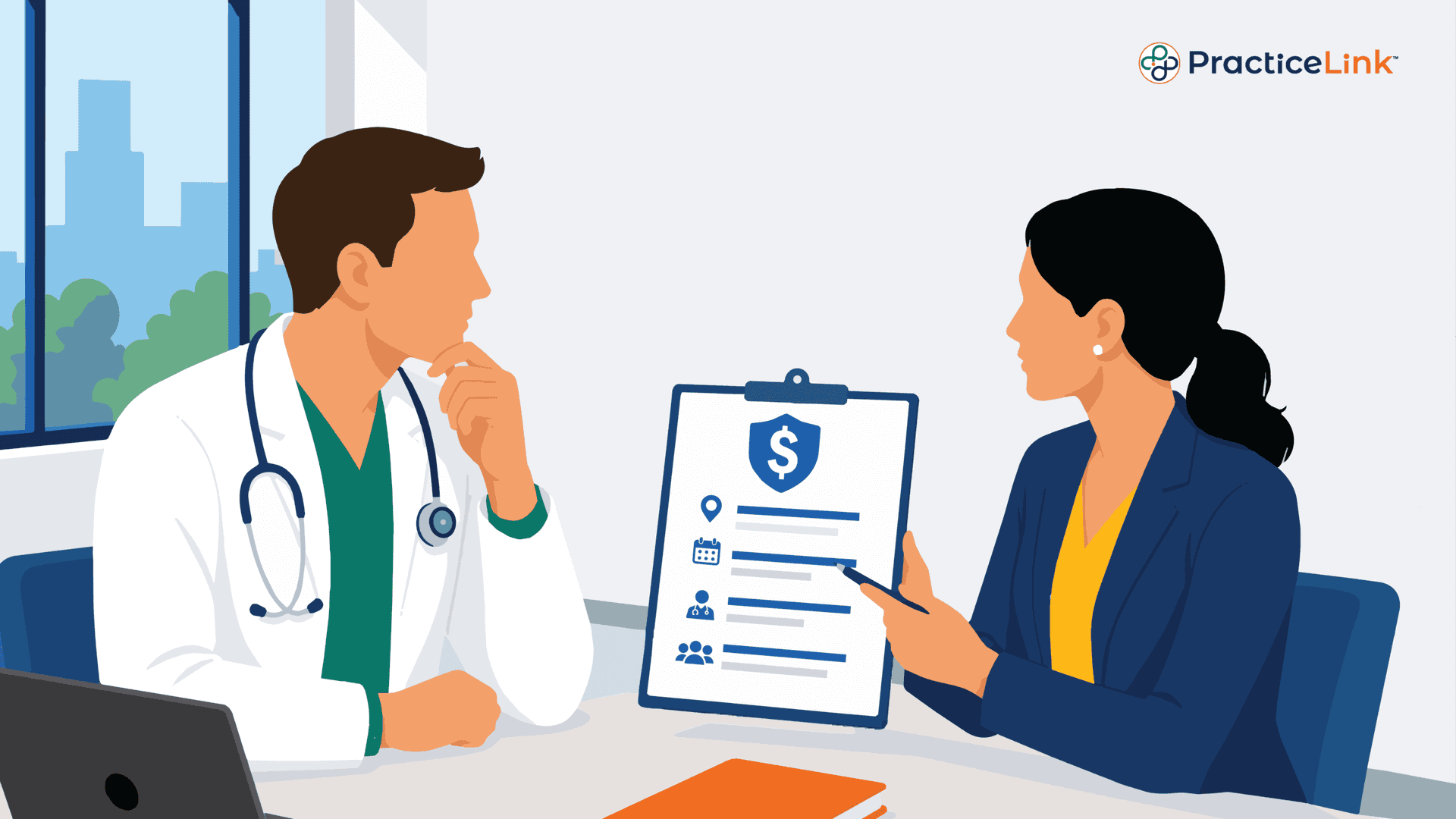 A lawyer discussing physician compensation models with a doctor.
