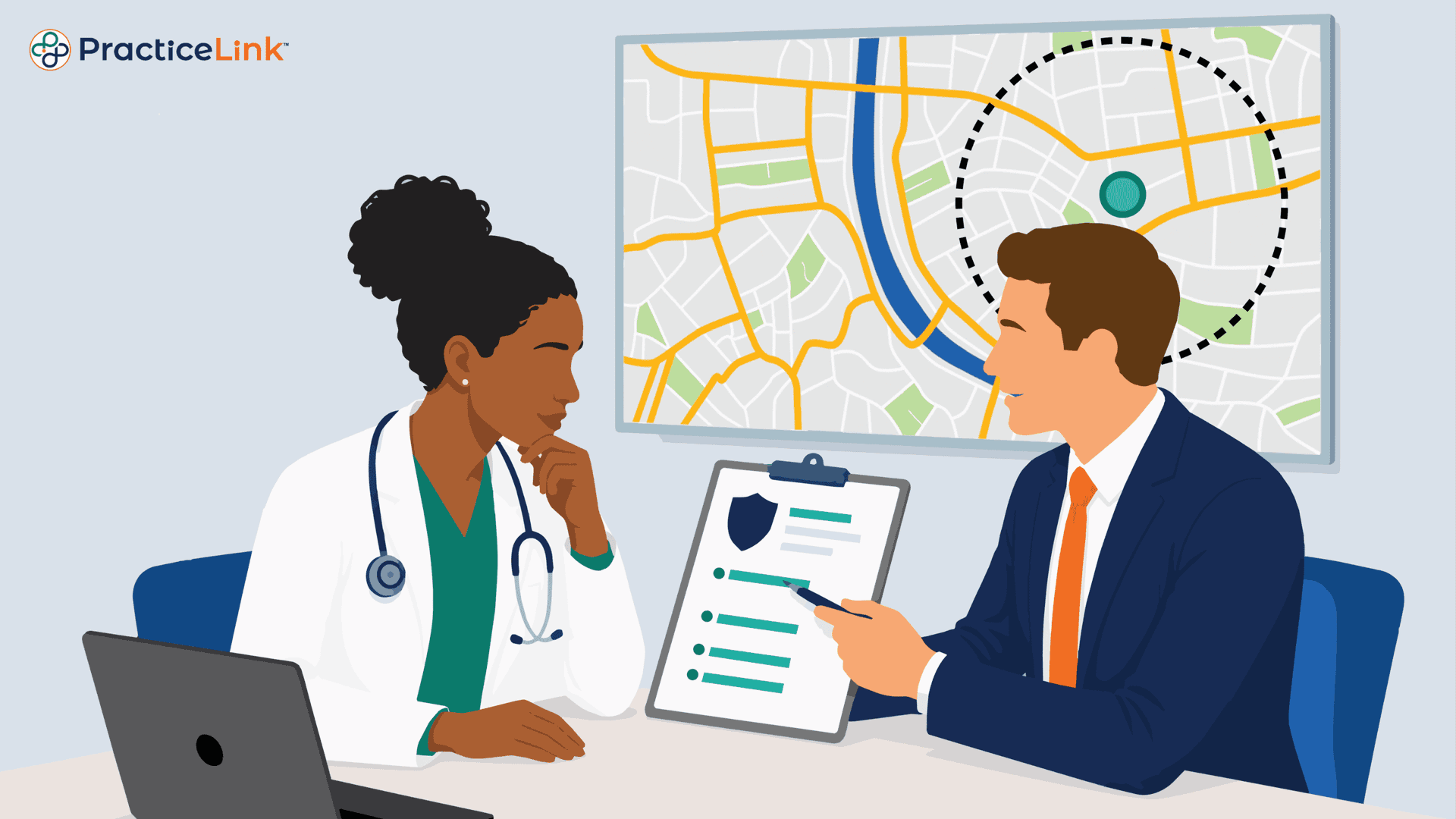 Two employees of a hospital, a physician and recruiter, discussing noncompete agreements.