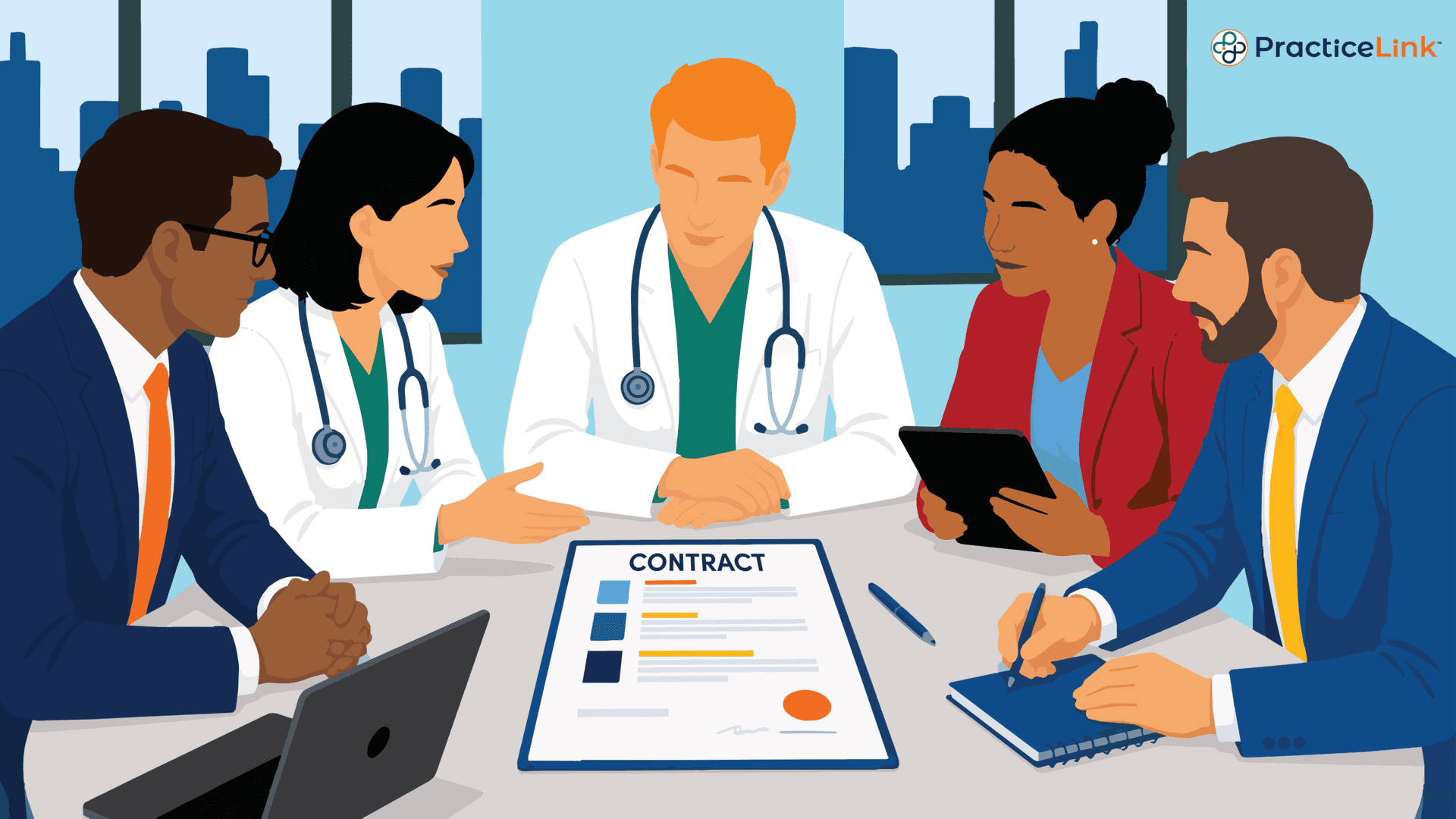 A group of healthcare workers discussing who should review a physician contract.