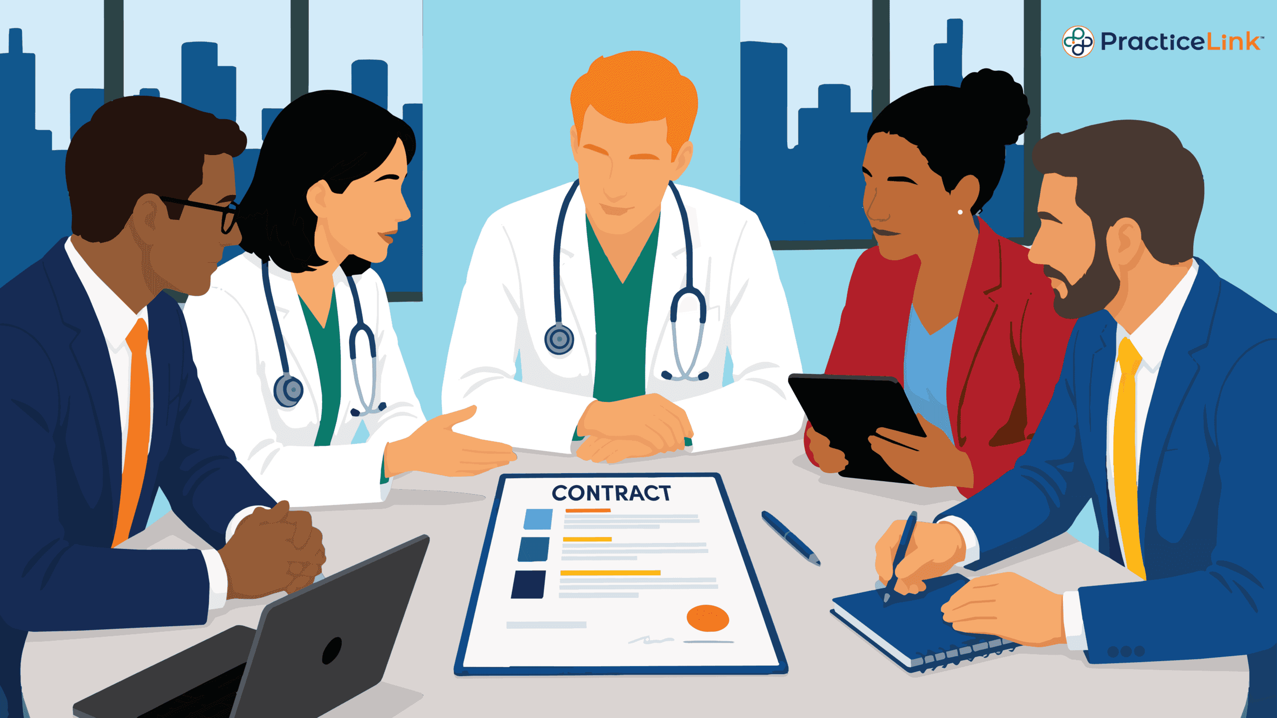 A group of healthcare workers discussing who should review a physician contract.