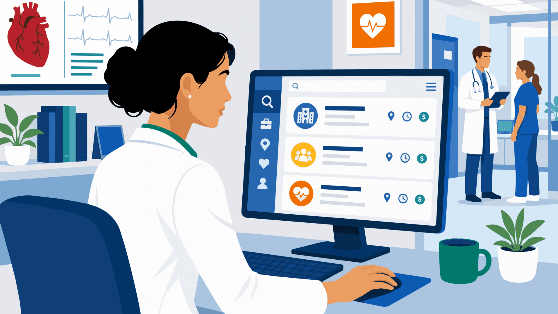 A physician searching online for information about cardiology careers, salaries and finding the right opportunity.